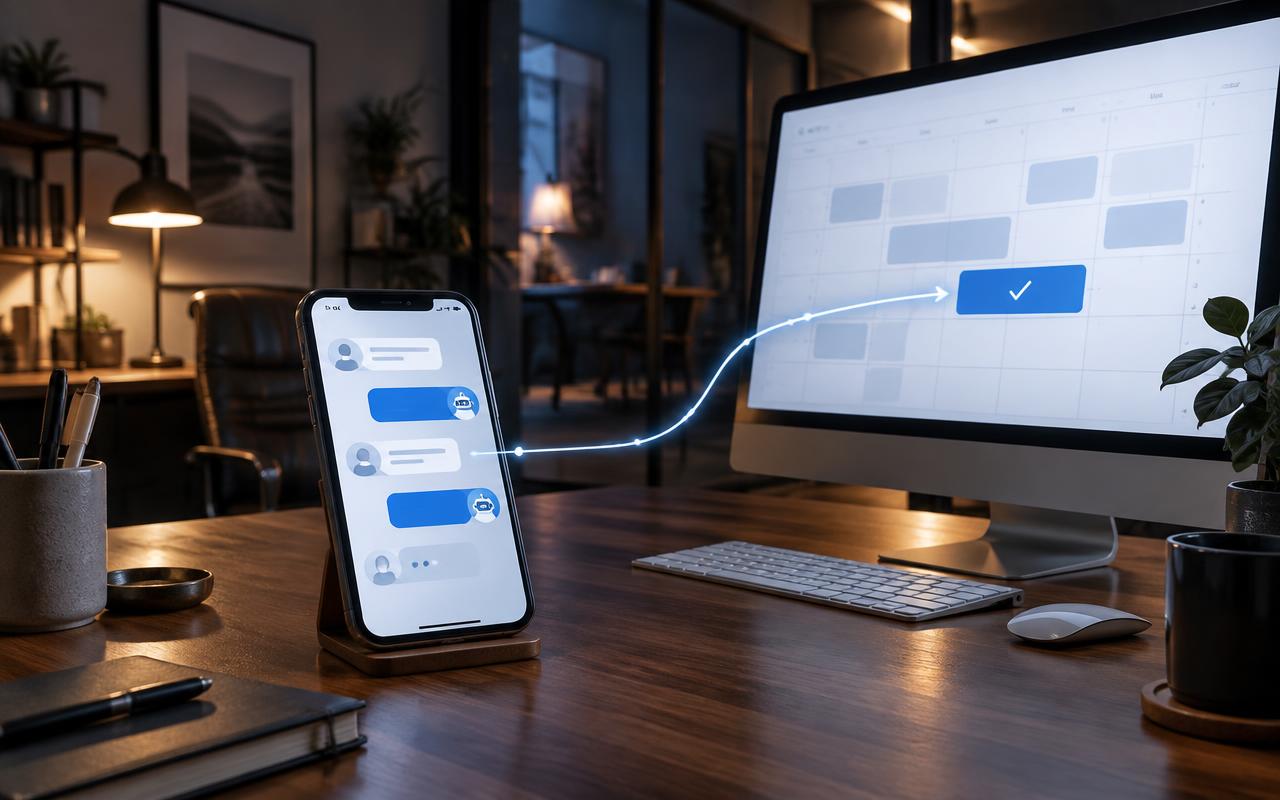 Conversation client reliée automatiquement à un rendez-vous confirmé dans un calendrier.