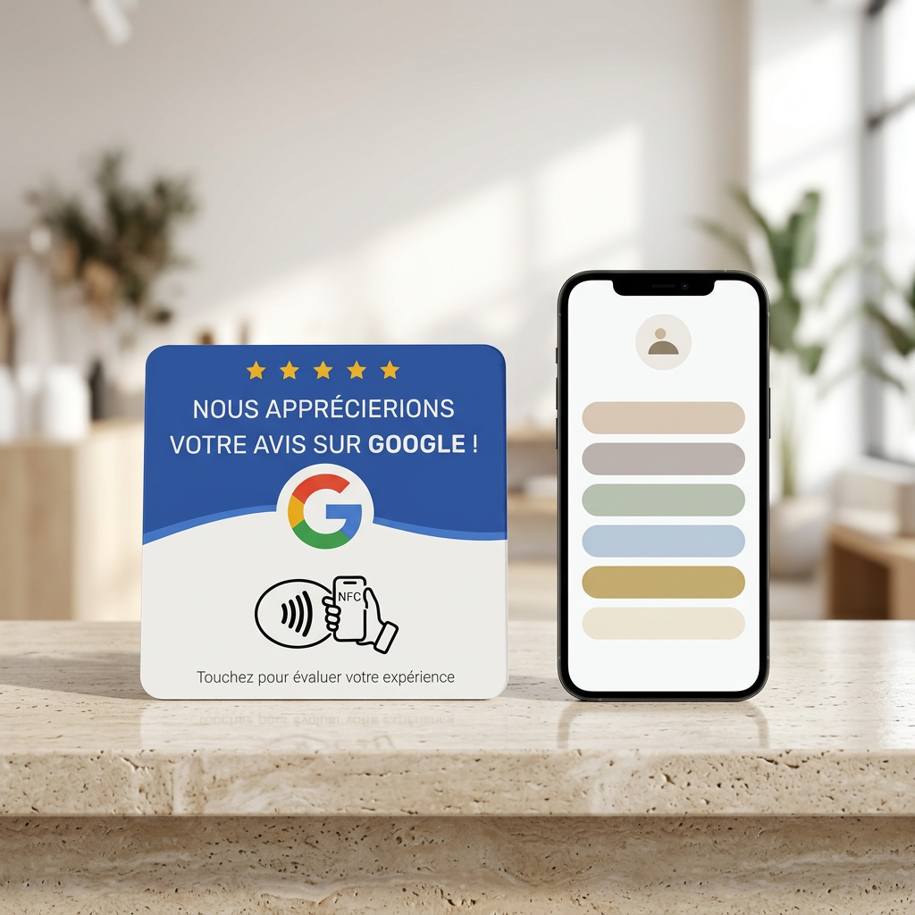 Plaque NFC carrée à côté d'un smartphone affichant un profil mobile multi-liens après le geste NFC.