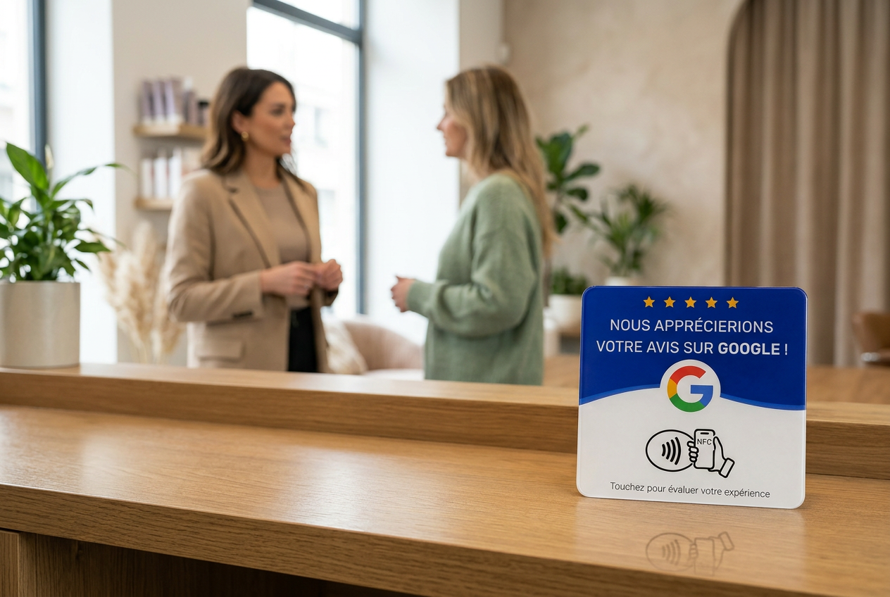 Comptoir d'accueil lumineux avec la plaque NFC TAPEN carrée posée debout, gérante et cliente en arrière-plan.