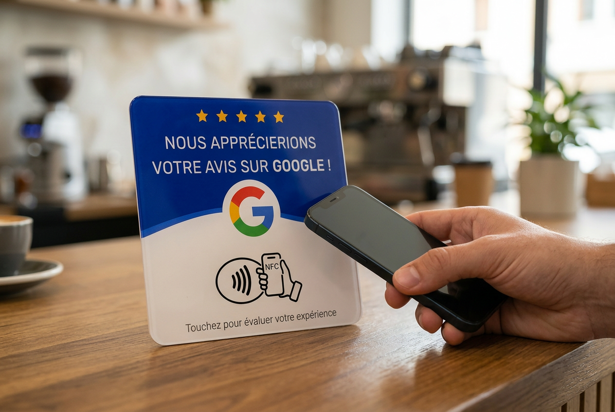 Un client approche son smartphone de la plaque NFC carrée posée sur le comptoir d'un café.